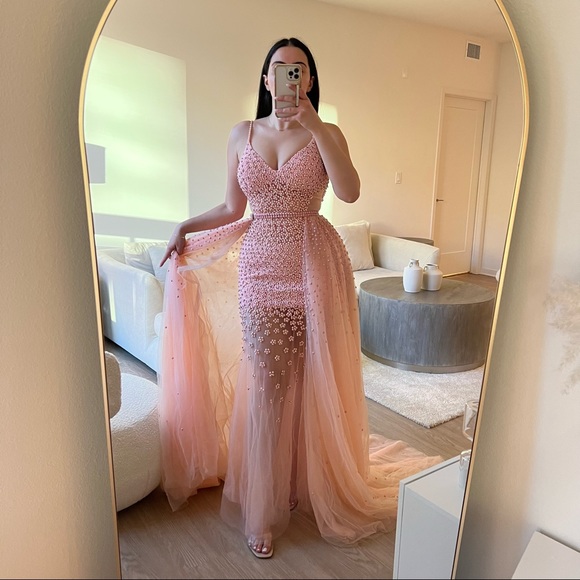 Pink Beaded Tulle Evening Gown w/ Overlay Skirt - Picture 2 of 12